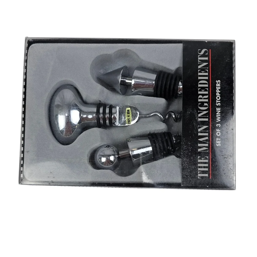 The Main Ingredients Set of 3 Wine Stoppers & Corkscrew Chrome Style 127H803 NEW